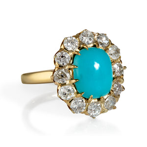 RESERVED.... GIA 3.60ct Authentic Antique Victorian Turquoise Diamond Cluster Cocktail 18k Yellow Gold Ring