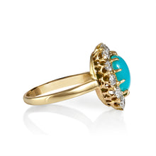 Load image into Gallery viewer, RESERVED.... GIA 3.60ct Authentic Antique Victorian Turquoise Diamond Cluster Cocktail 18k Yellow Gold Ring