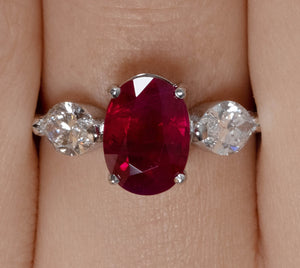 GIA 4.02ct Estate Vintage BURMA Red Ruby Diamond 3 Stone Engagement Wedding White Gold Ring 